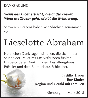 Traueranzeige von Lieselotte Abraham von Mitteldeutsche Zeitung Bernburg