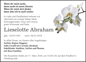 Traueranzeige von Lieselotte Abraham von Super Sonntag Bernburg