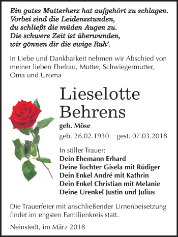 Traueranzeige von Lieselotte Behrens von Mitteldeutsche Zeitung