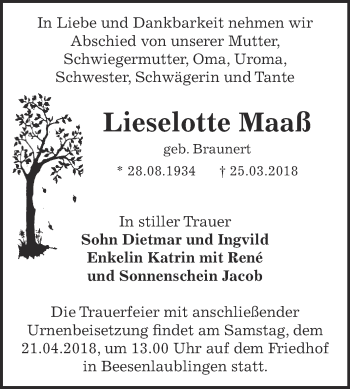 Traueranzeige von Lieselotte Maaß von Super Sonntag Bernburg