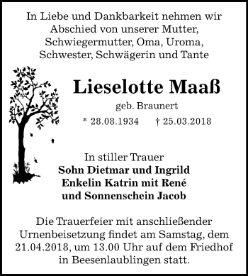 Traueranzeige von Lieselotte Maaß von Mitteldeutsche Zeitung Bernburg