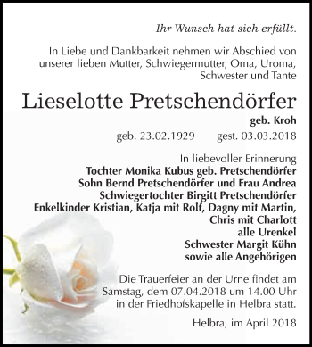 Traueranzeige von Lieselotte Pretschendörfer von Wochenspiegel Mansfelder Land