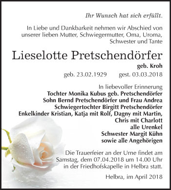 Traueranzeige von Lieselotte Pretschendörfer von Mitteldeutsche Zeitung