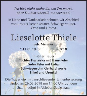 Traueranzeige von Lieselotte Thiele von Mitteldeutsche Zeitung Halle/Saalkreis