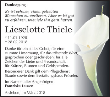 Traueranzeige von Lieselotte Thiele von Mitteldeutsche Zeitung Bernburg