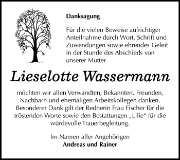 Traueranzeige von Lieselotte Wassermann von Mitteldeutsche Zeitung