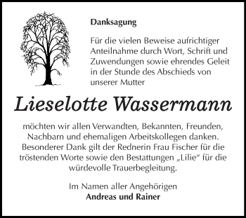 Traueranzeige von Lieselotte Wassermann von WVG - Wochenspiegel Dessau / Köthen