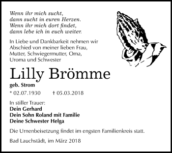 Traueranzeige von Lilly Brömme von WVG - Wochenspiegel Merseburg
