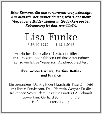 Traueranzeige von Lisa Funke von Mitteldeutsche Zeitung