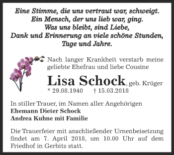 Traueranzeige von Lisa Schock von Super Sonntag Bernburg