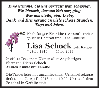 Traueranzeige von Lisa Schock von Mitteldeutsche Zeitung Bernburg