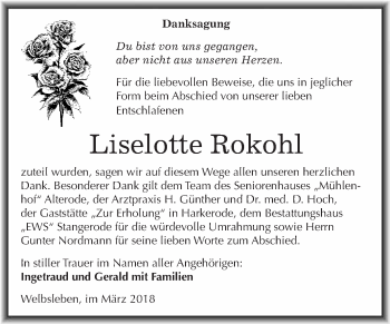 Traueranzeige von Liselotte Rokohl von Wochenspiegel Mansfelder Land