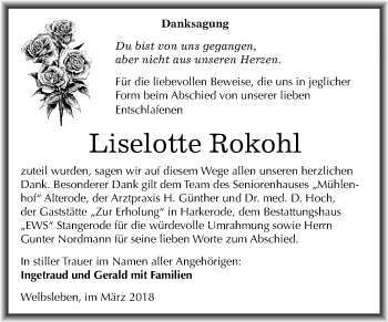 Traueranzeige von Liselotte Rokohl von Mitteldeutsche Zeitung
