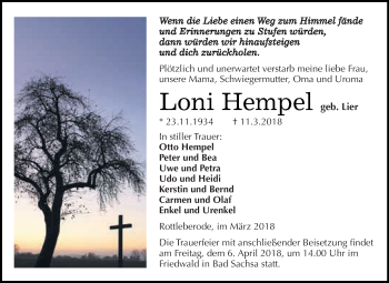 Traueranzeige von Loni Hempel von Super Sonntag SGH Mansf. Land