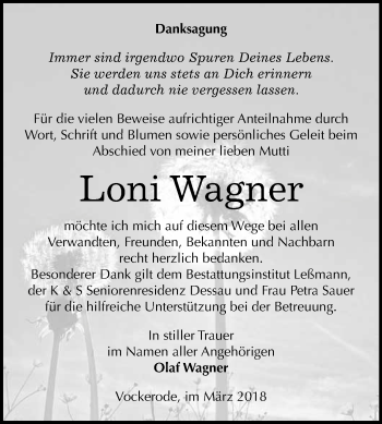 Traueranzeige von Loni Wagner von WVG - Wochenspiegel Wittenberg