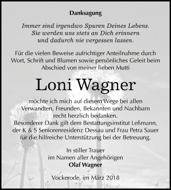 Traueranzeige von Loni Wagner von Mitteldeutsche Zeitung