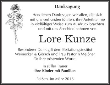 Traueranzeige von Lore Kunze von Super Sonntag Bernburg