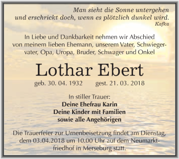 Traueranzeige von Lothar Ebert von WVG - Wochenspiegel Merseburg