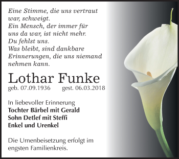 Traueranzeige von Lothar Funke von Mitteldeutsche Zeitung Bernburg
