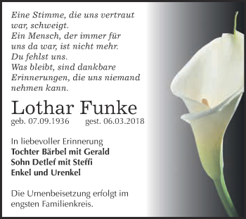 Traueranzeige von Lothar Funke von Super Sonntag Bernburg