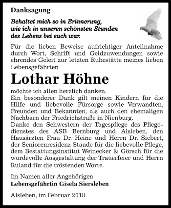 Traueranzeige von Lothar Höhne von Mitteldeutsche Zeitung Bernburg