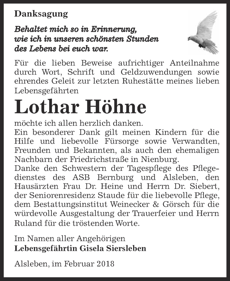  Traueranzeige für Lothar Höhne vom 10.03.2018 aus Super Sonntag Bernburg