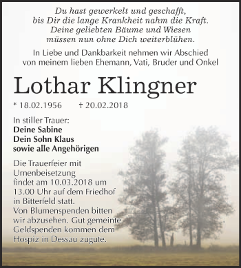 Traueranzeige von Lothar Klingner von WVG - Wochenspiegel Bitterfeld