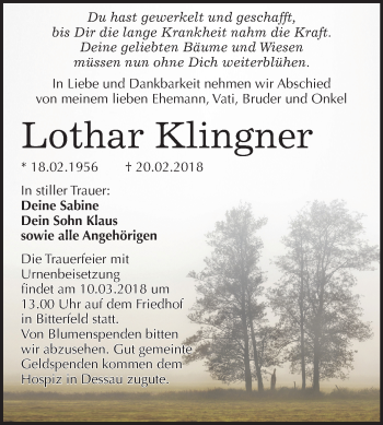 Traueranzeige von Lothar Klingner von Mitteldeutsche Zeitung Bitterfeld