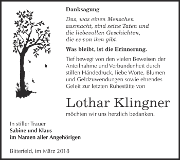 Traueranzeige von Lothar Klingner von WVG - Wochenspiegel Bitterfeld