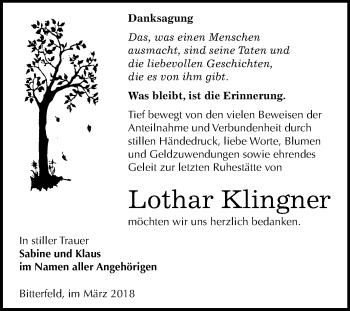 Traueranzeige von Lothar Klingner von Mitteldeutsche Zeitung Bitterfeld