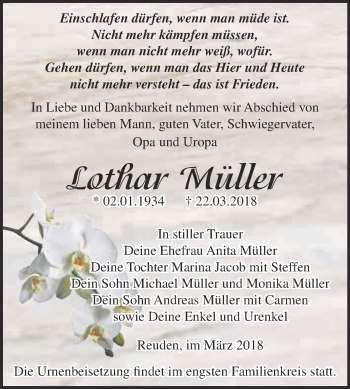 Traueranzeige von Lothar Müller von Super Sonntag Zeitz