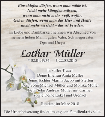 Traueranzeige von Lothar Müller von Mitteldeutsche Zeitung Zeitz
