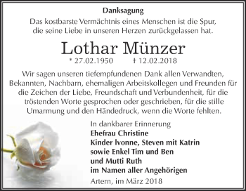 Traueranzeige von Lothar Münzer von Super Sonntag SGH Mansf. Land