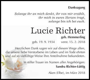 Traueranzeige von Lucie Richter von WVG - Wochenspiegel Dessau / Köthen