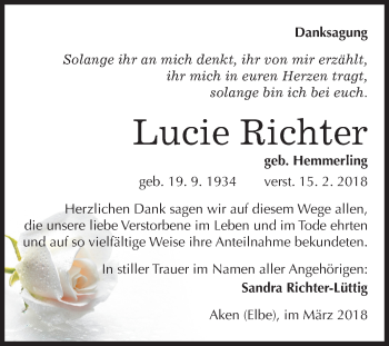 Traueranzeige von Lucie Richter von Mitteldeutsche Zeitung Köthen