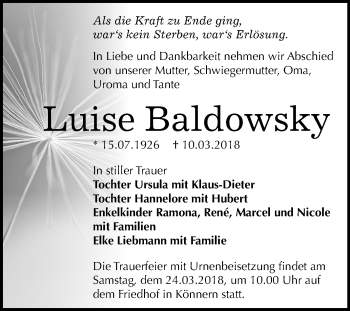 Traueranzeige von Luise Baldowsky von Mitteldeutsche Zeitung Bernburg