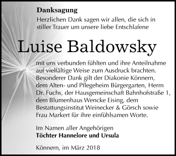 Traueranzeige von Luise Baldowsky von Mitteldeutsche Zeitung Bernburg