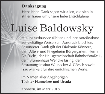 Traueranzeige von Luise Baldowsky von Super Sonntag Bernburg