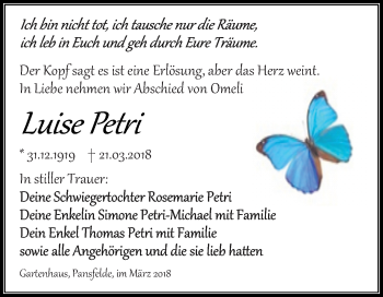 Traueranzeige von Luise Petri von Super Sonntag Aschersleben