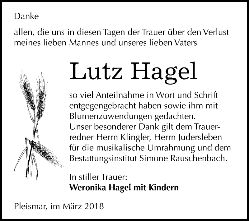  Traueranzeige für Lutz Hagel vom 03.03.2018 aus Mitteldeutsche Zeitung