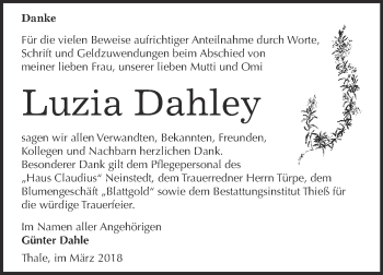 Traueranzeige von Luzia Dahley von Super Sonntag Quedlinburg