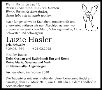Traueranzeige von Luzie Hasler von Mitteldeutsche Zeitung Aschersleben