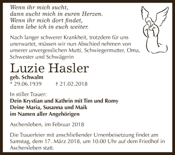Traueranzeige von Luzie Hasler von Super Sonntag Aschersleben
