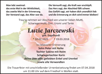 Traueranzeige von Luzie Jarczewski von Mitteldeutsche Zeitung Bitterfeld