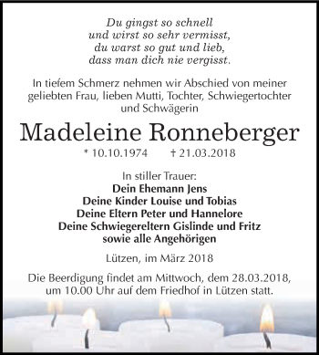 Traueranzeige von Madeleine Ronneberger von WVG - Wochenspiegel NMB / WSF / ZTZ