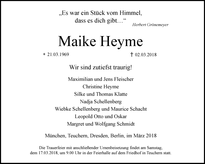  Traueranzeige für Maike Heyme vom 14.03.2018 aus Mitteldeutsche Zeitung Weißenfels
