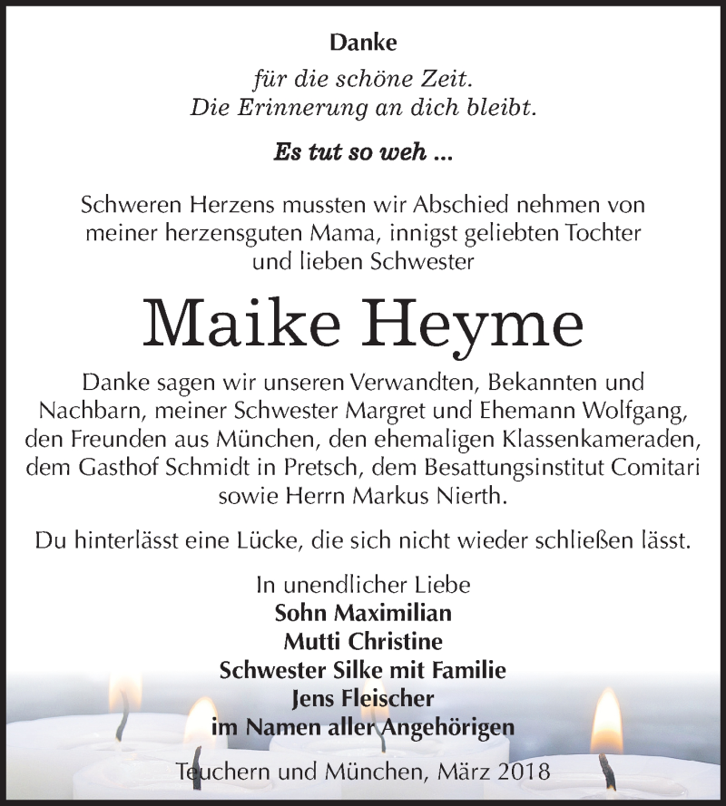  Traueranzeige für Maike Heyme vom 28.03.2018 aus Mitteldeutsche Zeitung Weißenfels