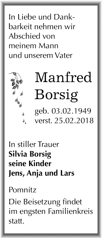 Traueranzeige von Manfred Borsig von Mitteldeutsche Zeitung