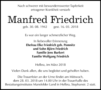 Traueranzeige von Manfred Friedrich von Mitteldeutsche Zeitung