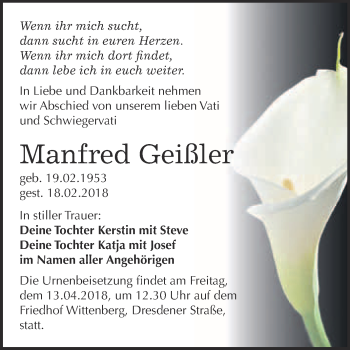 Traueranzeige von Manfred Geißler von WVG - Wochenspiegel Wittenberg